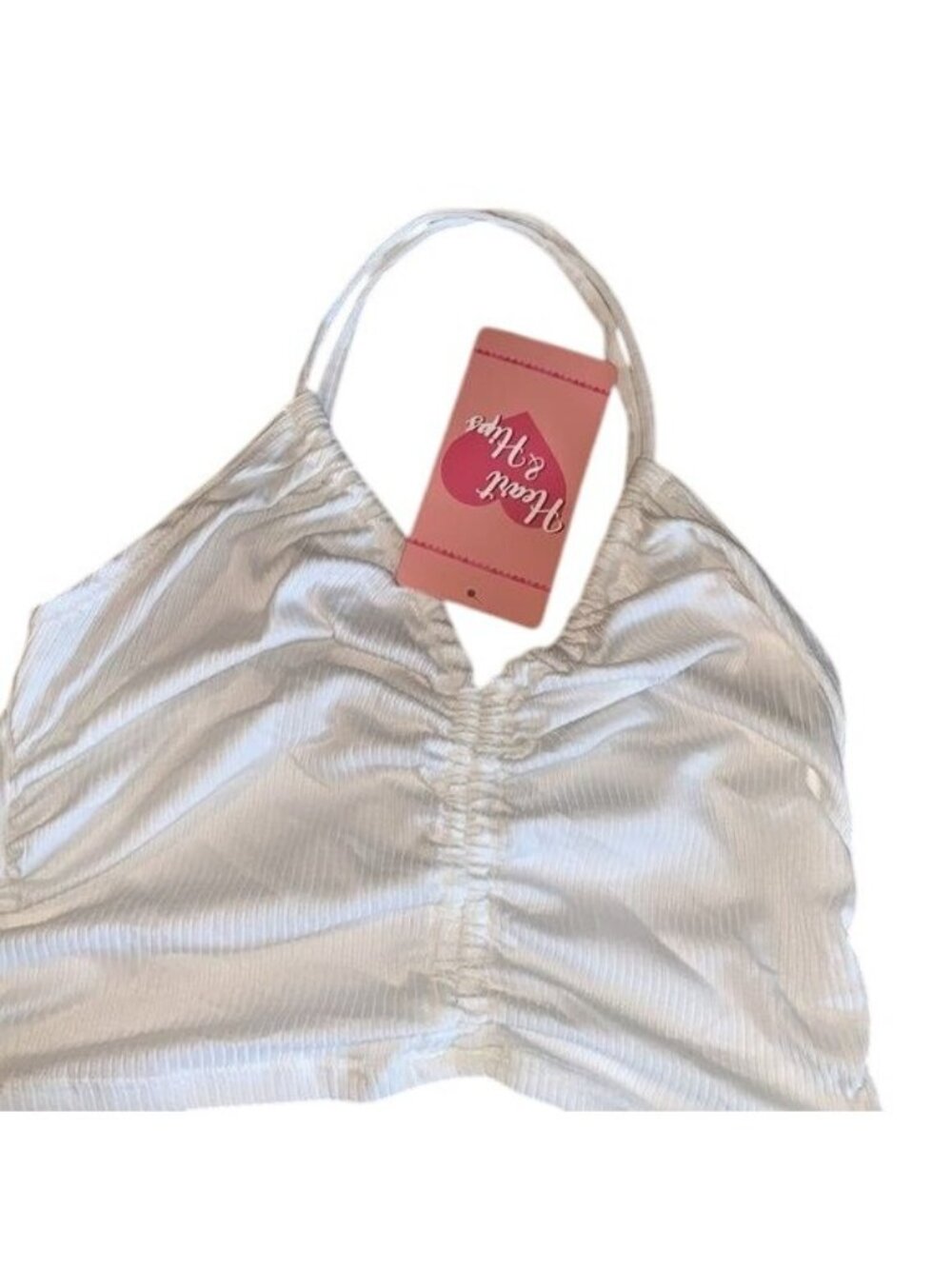 Heart & Hips White Ribbed Ruched Halter Crop Top L 86% Polyester 4% Spandex